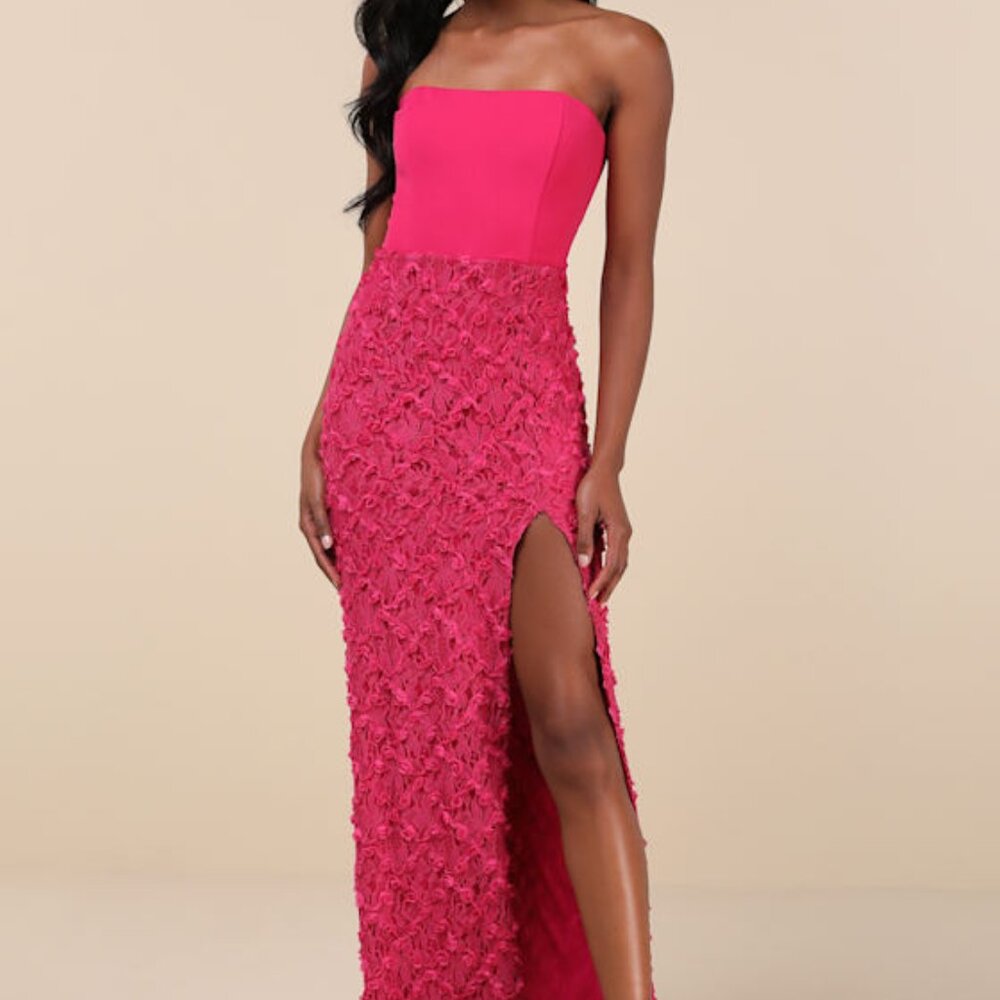 Lulus Ravishing Appeal Fuchsia 3d Floral Applique Strapless Maxi Dress Pink